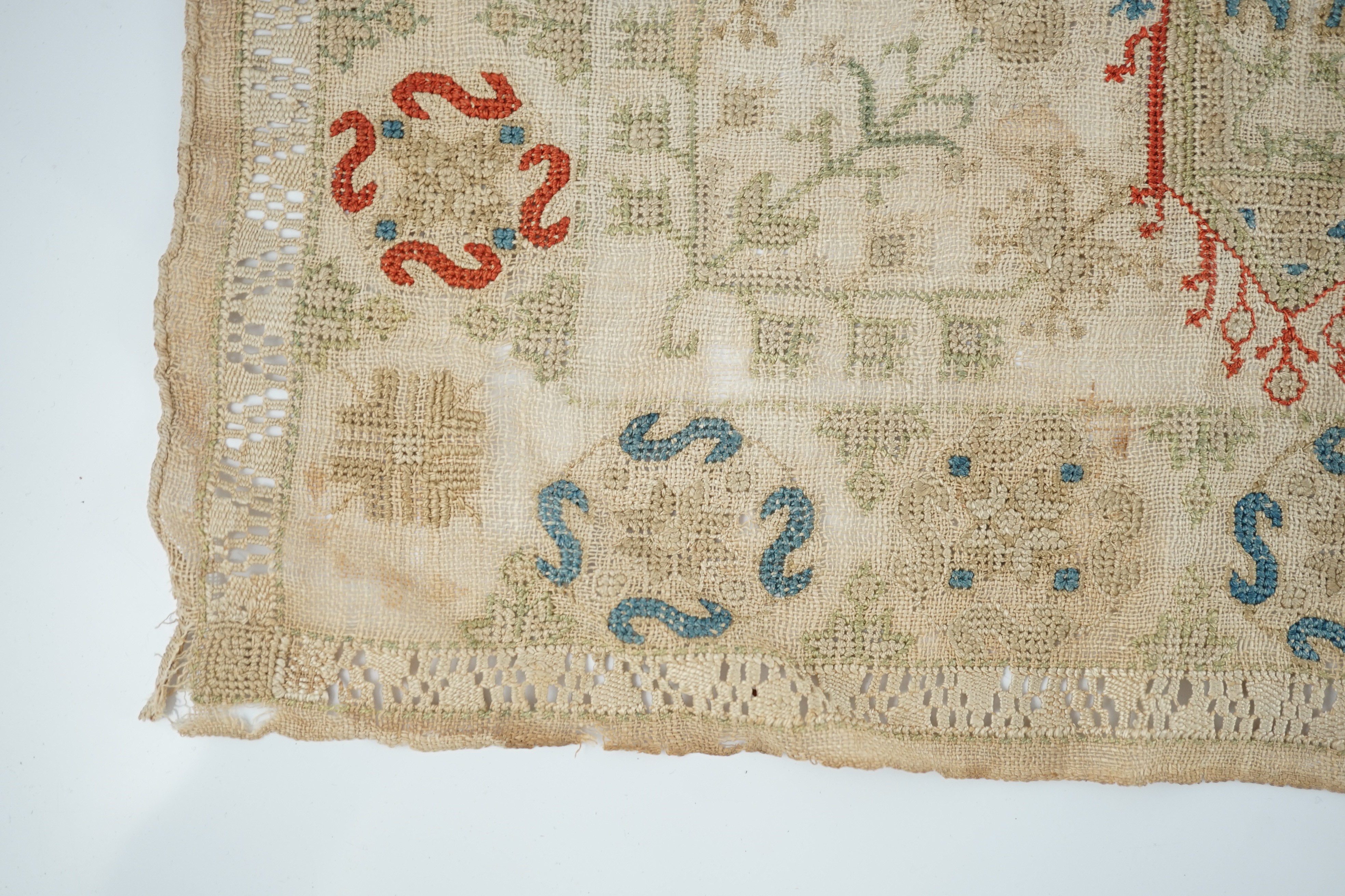 An 18th century Creton fine hand woven linen square, possibly an altar piece, 39cm sq.